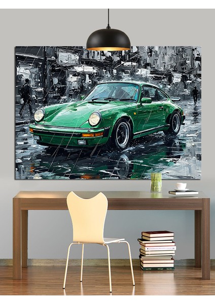 Yağmurlu Sokakta Yeşil Spor Araba Dekoratif Kanvas - Mdf Ahşap Tablo fırsatları