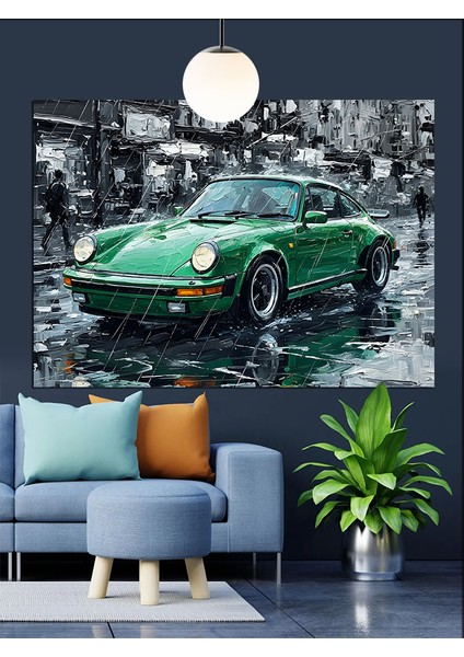 Yağmurlu Sokakta Yeşil Spor Araba Dekoratif Kanvas - Mdf Ahşap Tablo indirimleri