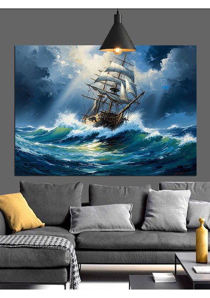Okyanusta Yelkenli Gemi ve Fırtına Dekoratif Kanvas - Mdf Ahşap Tablo