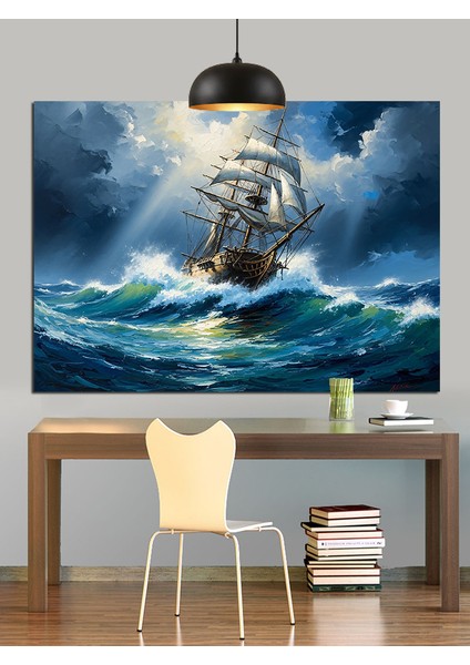 Okyanusta Yelkenli Gemi ve Fırtına Dekoratif Kanvas - Mdf Ahşap Tablo modelleri