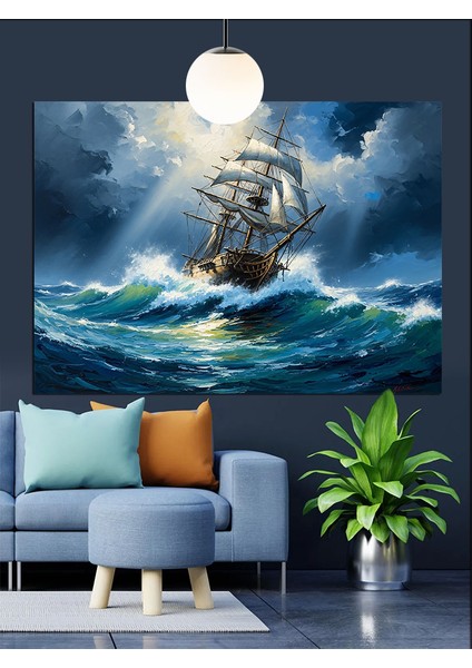 Okyanusta Yelkenli Gemi ve Fırtına Dekoratif Kanvas - Mdf Ahşap Tablo fırsatları
