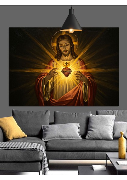 Kutsal Kalp Figürü Isa Portresi Dekoratif Kanvas - Mdf Ahşap Tablo