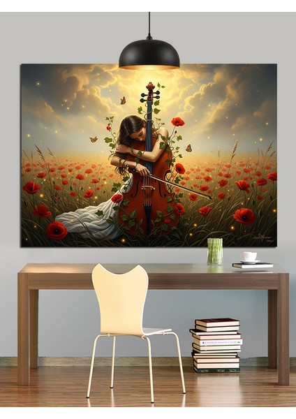 Gitar Çalan Kadın Çiçekler Içinde Dekoratif Kanvas - Mdf Ahşap Tablo