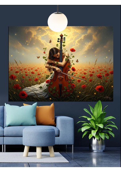 Gitar Çalan Kadın Çiçekler Içinde Dekoratif Kanvas - Mdf Ahşap Tablo fiyatları