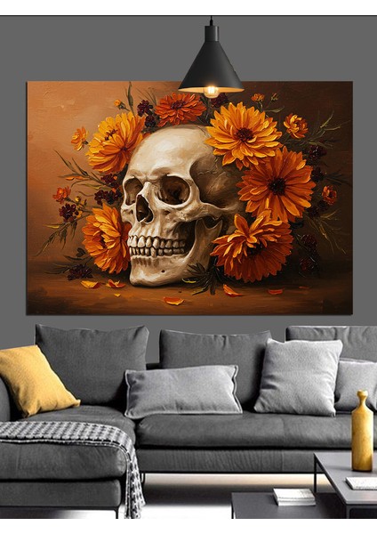 Kafatası Ayçiçekleri Gotik Sanat Dekoratif Kanvas - Mdf Ahşap Tablo