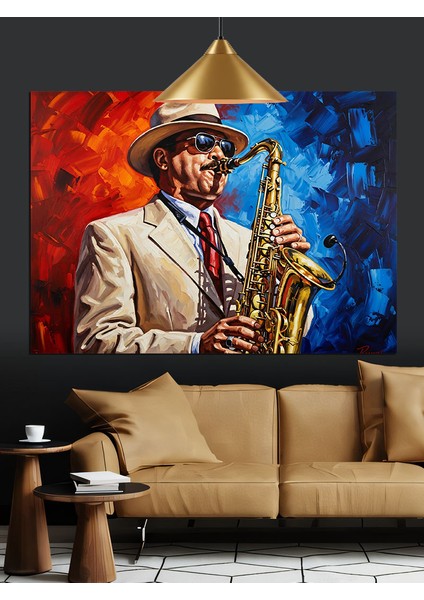 Saksafon Çalan Şapkalı Adam Dekoratif Kanvas - Mdf Ahşap Tablo
