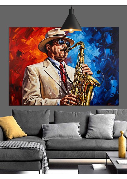 Saksafon Çalan Şapkalı Adam Dekoratif Kanvas - Mdf Ahşap Tablo fiyatları