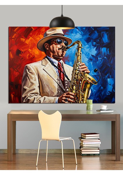 Saksafon Çalan Şapkalı Adam Dekoratif Kanvas - Mdf Ahşap Tablo fırsatları