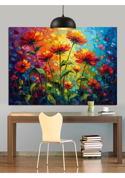 Renkli Çiçekler Yağlı Boya Dekoratif Kanvas - Mdf Ahşap Tablo