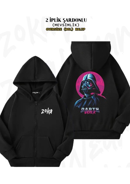 Oversize Starwars Darth Vader Neon Sırt Baskılı Fermuarlı Kapşonlu Siyah Hırka (2 Iplik)