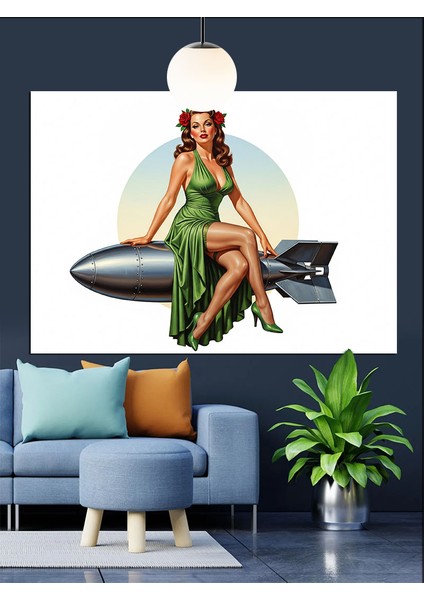 Roket Üstünde Yatan Pin-Up Kız Dekoratif Kanvas - Mdf Ahşap Tablo