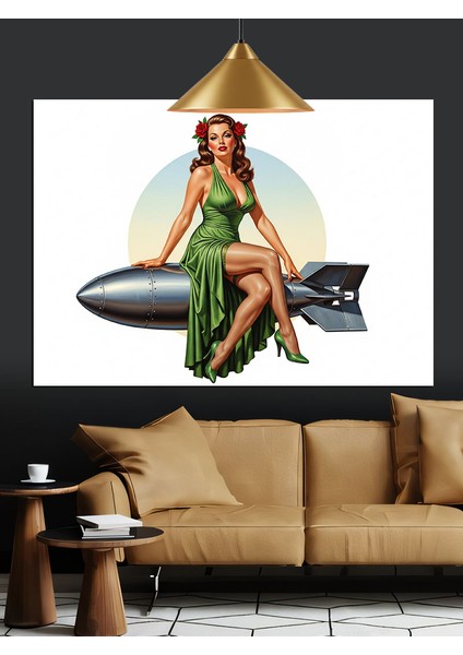 Roket Üstünde Yatan Pin-Up Kız Dekoratif Kanvas - Mdf Ahşap Tablo fiyatları