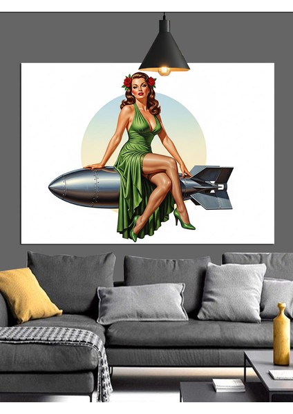 Roket Üstünde Yatan Pin-Up Kız Dekoratif Kanvas - Mdf Ahşap Tablo modelleri