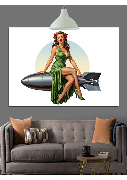 Roket Üstünde Yatan Pin-Up Kız Dekoratif Kanvas - Mdf Ahşap Tablo fırsatları