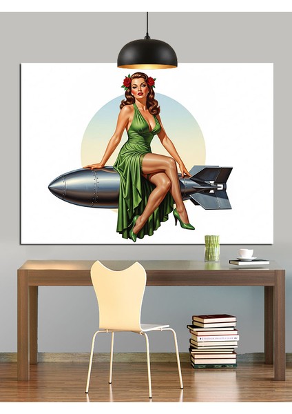 Roket Üstünde Yatan Pin-Up Kız Dekoratif Kanvas - Mdf Ahşap Tablo indirimleri