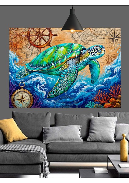 Sörf Yapan Deniz Kaplumbağası Dekoratif Kanvas - Mdf Ahşap Tablo