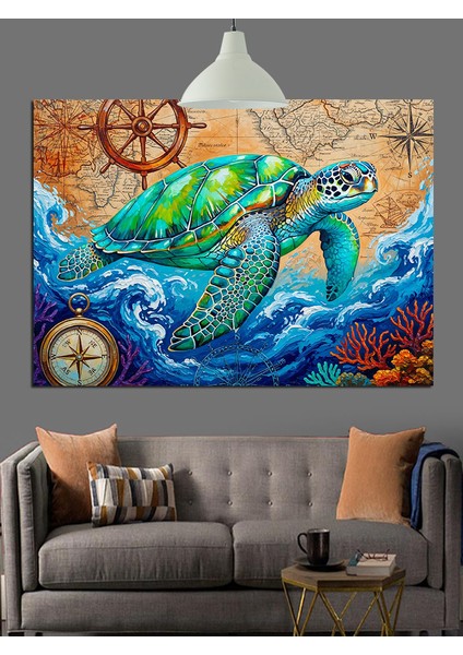 Sörf Yapan Deniz Kaplumbağası Dekoratif Kanvas - Mdf Ahşap Tablo fiyatları