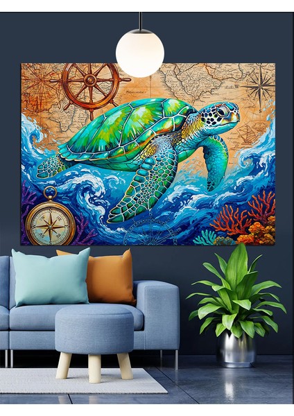 Sörf Yapan Deniz Kaplumbağası Dekoratif Kanvas - Mdf Ahşap Tablo fırsatları