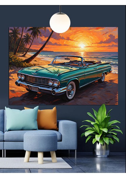 Klasik Yeşil Araba Plaj Dekoratif Kanvas - Mdf Ahşap Tablo fiyatları