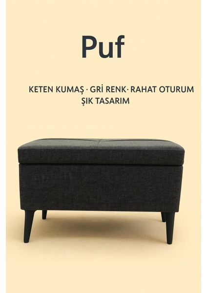 Sandıklı Keten Puf – Antrasit Gri | 60X45X40 cm Depolama Alanlı, Modern Dekoratif Oturma & Ayak Ucu Pufu