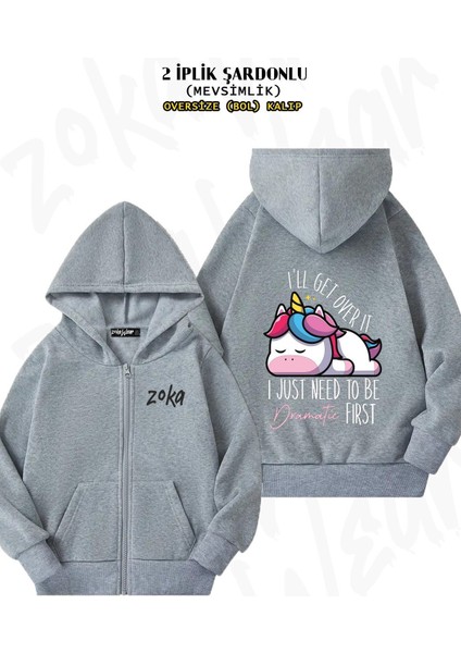 Unisex Unicorn Saying I'll Get Over It Baskılı Oversize Sırt Baskılı Fermuarlı Kapşonlu Hırka