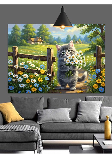 Çiftlik Evi ve Çiçekli Kedi Dekoratif Kanvas - Mdf Ahşap Tablo