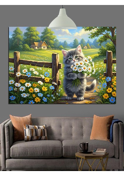 Çiftlik Evi ve Çiçekli Kedi Dekoratif Kanvas - Mdf Ahşap Tablo fiyatları