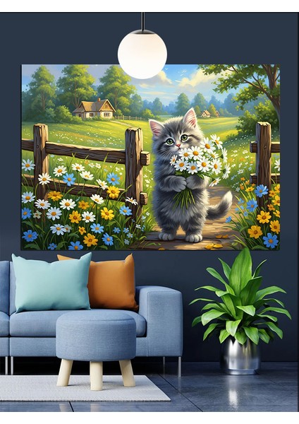 Çiftlik Evi ve Çiçekli Kedi Dekoratif Kanvas - Mdf Ahşap Tablo fırsatları
