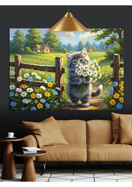 Çiftlik Evi ve Çiçekli Kedi Dekoratif Kanvas - Mdf Ahşap Tablo indirimleri