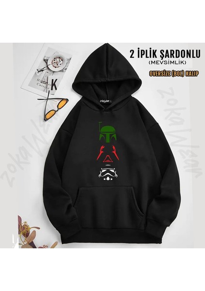 Unisex Starwars 3'lü Maske Baskılı Kapşonlu Sweatshirt (2 Iplik)