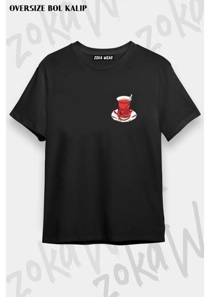 Unisex Bol Kalıp Çay Ön Baskılı Kısa Kol Bisiklet Yaka T-Shirt 1432