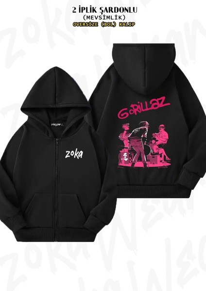 Unisex Stage Gorillaz Baskılı Oversize Sırt Baskılı Fermuarlı Kapşonlu Hırka
