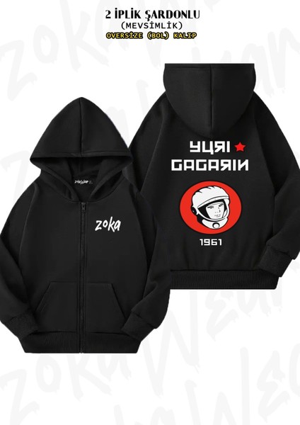 Unisex Yuri Gagarin Cccp Uzay Space Baskılı Oversize Sırt Baskılı Fermuarlı Kapşonlu Hırka