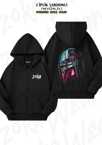 Unisex Starwars Mandalorian Kask Baskılı Oversize Sırt Baskılı Fermuarlı Kapşonlu Hırka