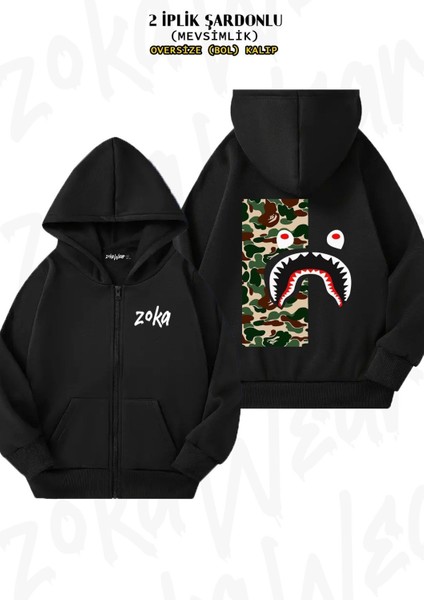 Unisex Soldier Bape Shark Baskılı Oversize Sırt Baskılı Fermuarlı Kapşonlu Hırka