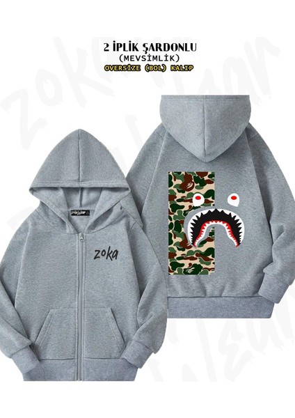 Unisex Soldier Bape Shark Baskılı Oversize Sırt Baskılı Fermuarlı Kapşonlu Hırka