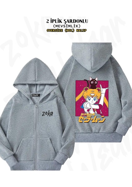 Unisex Sailor Moon 5 Baskılı Oversize Sırt Baskılı Fermuarlı Kapşonlu Hırka