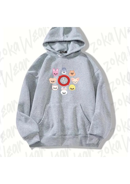 Skzoo Stray Kids Anime Baskılı Gri Sweatshirt