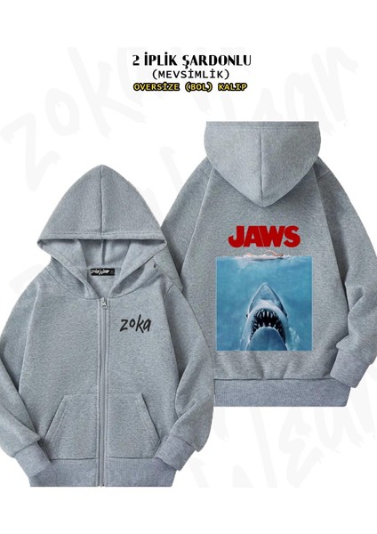 Unisex Poster Shark Film Jaws Baskılı Oversize Sırt Baskılı Fermuarlı Kapşonlu Hırka