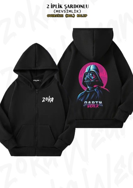 Unisex Starwars Darth Vader Neon Baskılı Oversize Sırt Baskılı Fermuarlı Kapşonlu Hırka