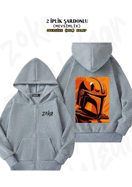 Unisex Star Wars Mandalorian Baskılı Oversize Sırt Baskılı Fermuarlı Kapşonlu Hırka