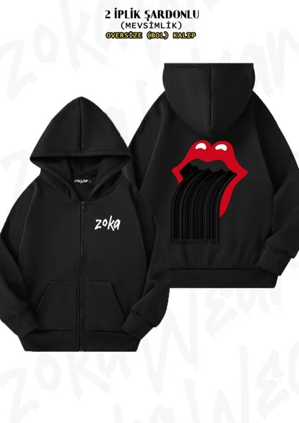 Unisex The Rolling Stones Barcode Baskılı Oversize Sırt Baskılı Fermuarlı Kapşonlu Hırka