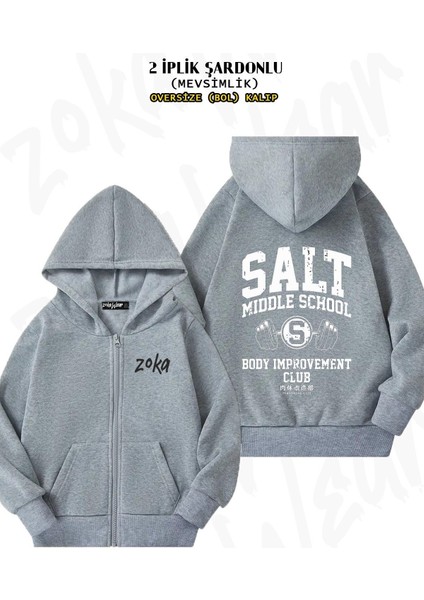 Unisex Salt Middle School Body Improvement Baskılı Oversize Sırt Baskılı Fermuarlı Kapşonlu Hırka