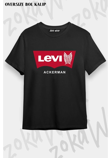 Bol Kalıp Attack On Titan Levi Ackerman Anime Karakter Baskılı Tasarım Siyah Tişört