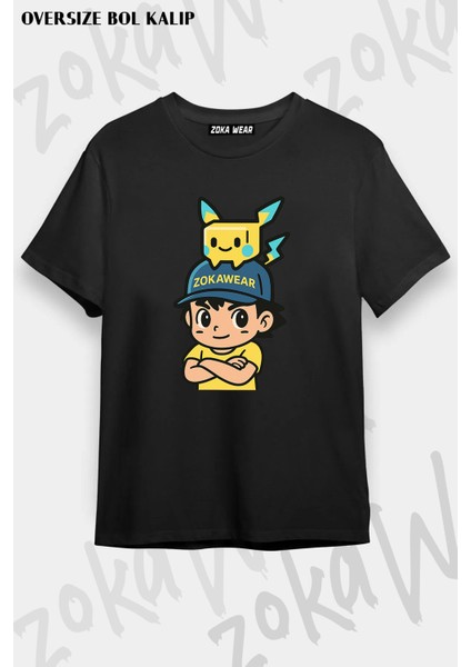 Unisex Bol Kalıp Siyah Pikachu ve Ash Pokemon Tasarım Baskılı T-Shirt