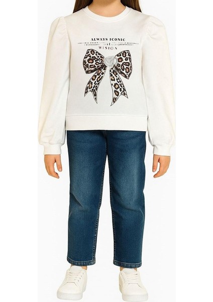 Kız Çocuk Leopar Çiçek Aksesuarlı Sweatshirt fırsatları