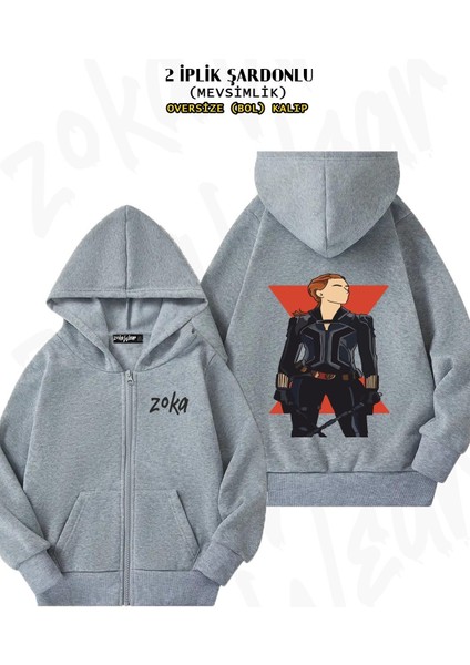 Unisex Black Widow Baskılı Oversize Sırt Baskılı Fermuarlı Kapşonlu Hırka