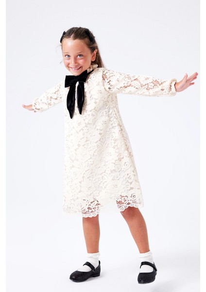 Krem Güpür Fiyonklu Kız Çocuk Elbise - Bessie