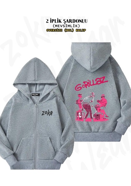 Unisex Stage Gorillaz Baskılı Oversize Sırt Baskılı Fermuarlı Kapşonlu Hırka