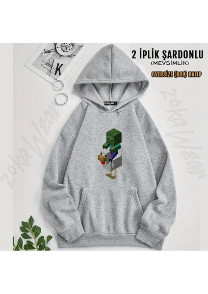 Minecraft Steve ve Atı Tasarım Baskılı Kapüşonlu Oversize Sweatshirt (2 Iplik)